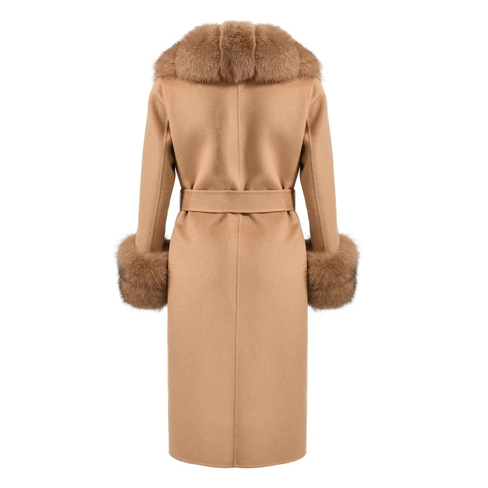 Long Cashmere Coat with Fur Collar & Cuffs - Camel - Image 4