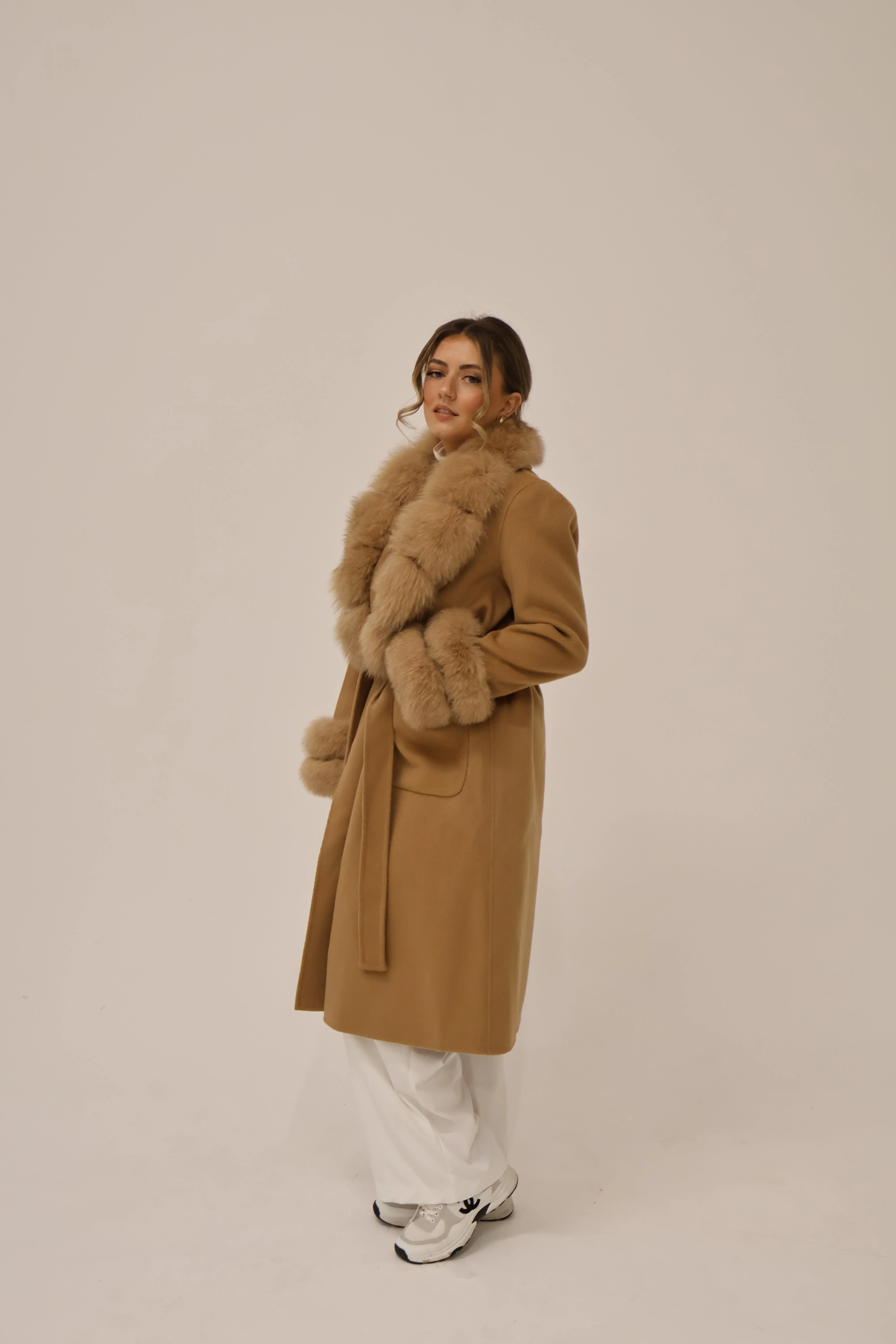 Long Cashmere Coat with Fur Collar & Cuffs - Camel - Image 6