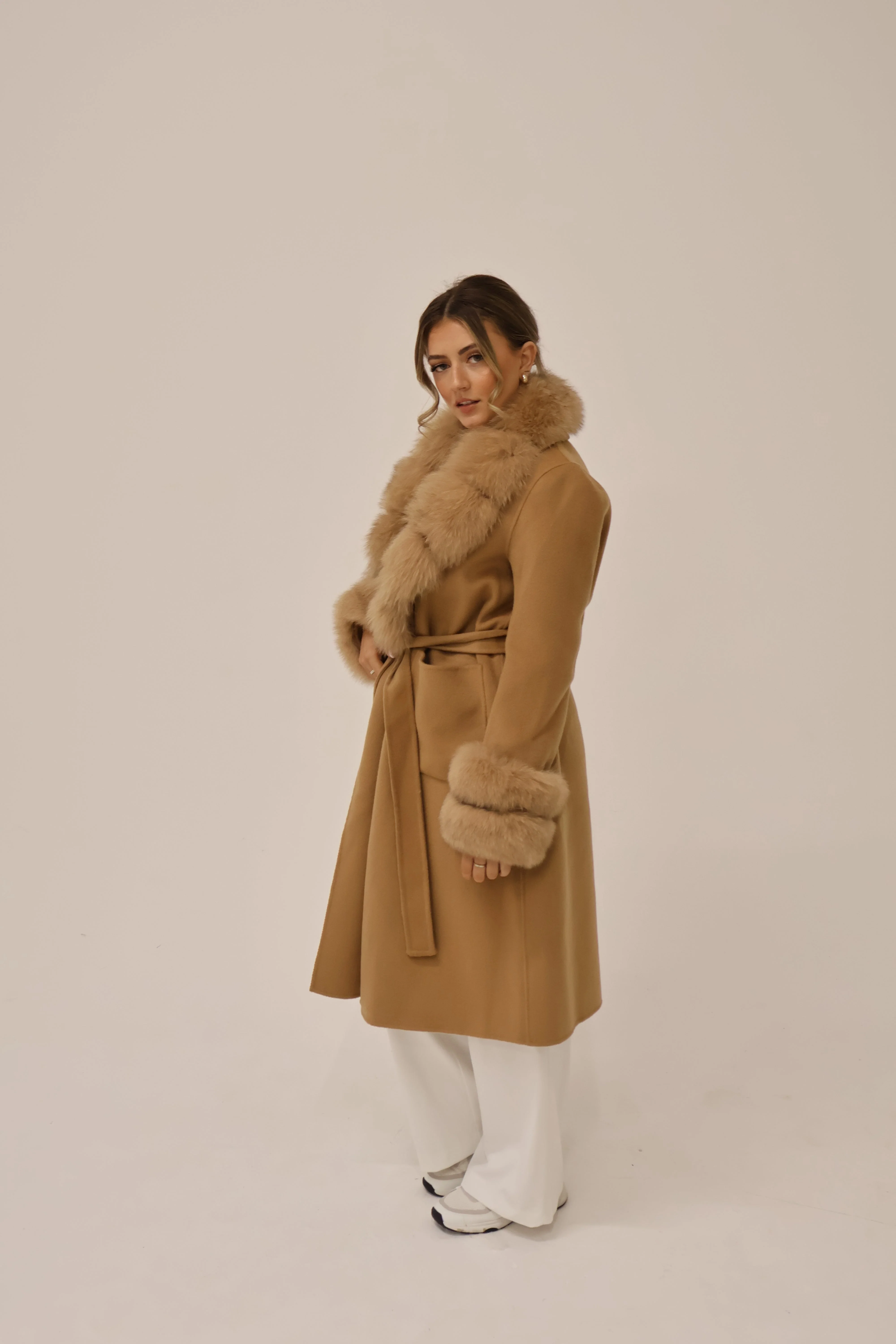 Long Cashmere Coat with Fur Collar & Cuffs - Camel - Image 7